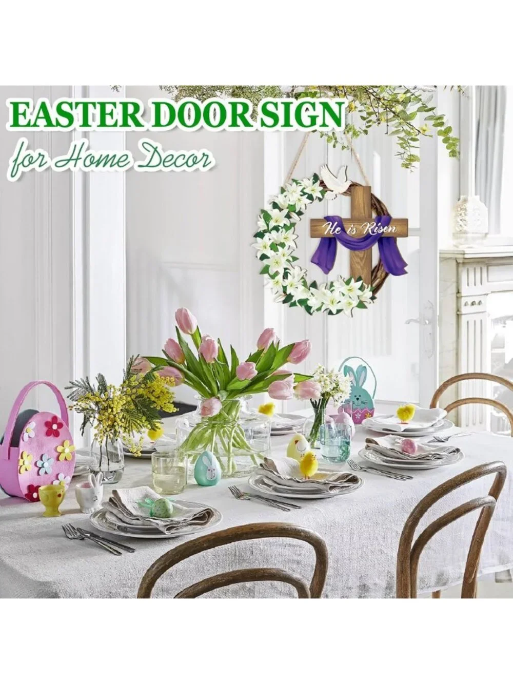 Easter Wooden Wreath for Front Door | Christian Cross Sign & Lily Flowers Decor